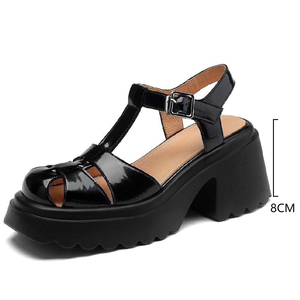 Women's Summer Genuine Leather Woven Versatile Cut Out 8 CM Block Heel Platform Gladiator Retro Closed Toe T-Strap Casual Sandals 60401