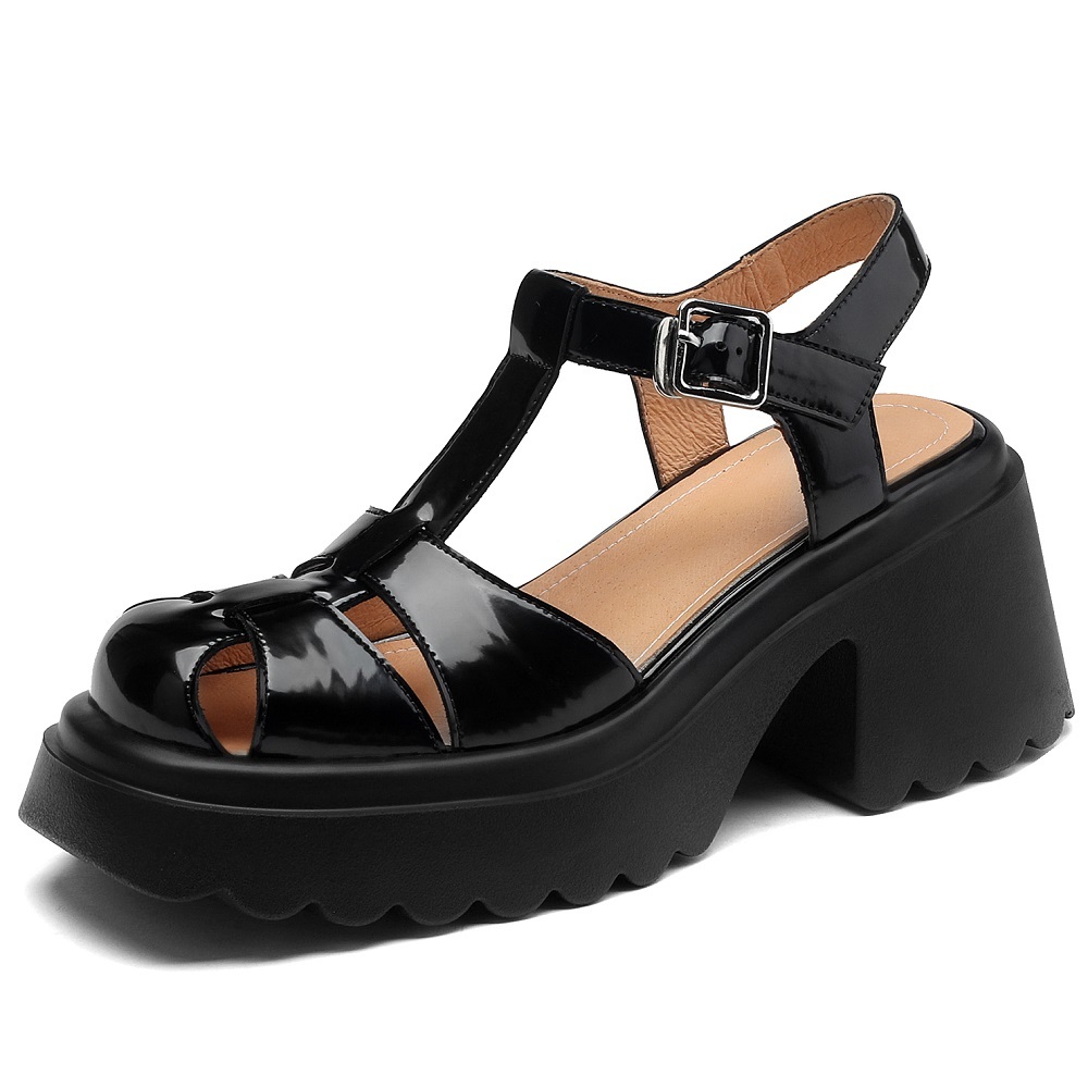 Women's Summer Genuine Leather Woven Versatile Cut Out 8 CM Block Heel Platform Gladiator Retro Closed Toe T-Strap Casual Sandals 60401