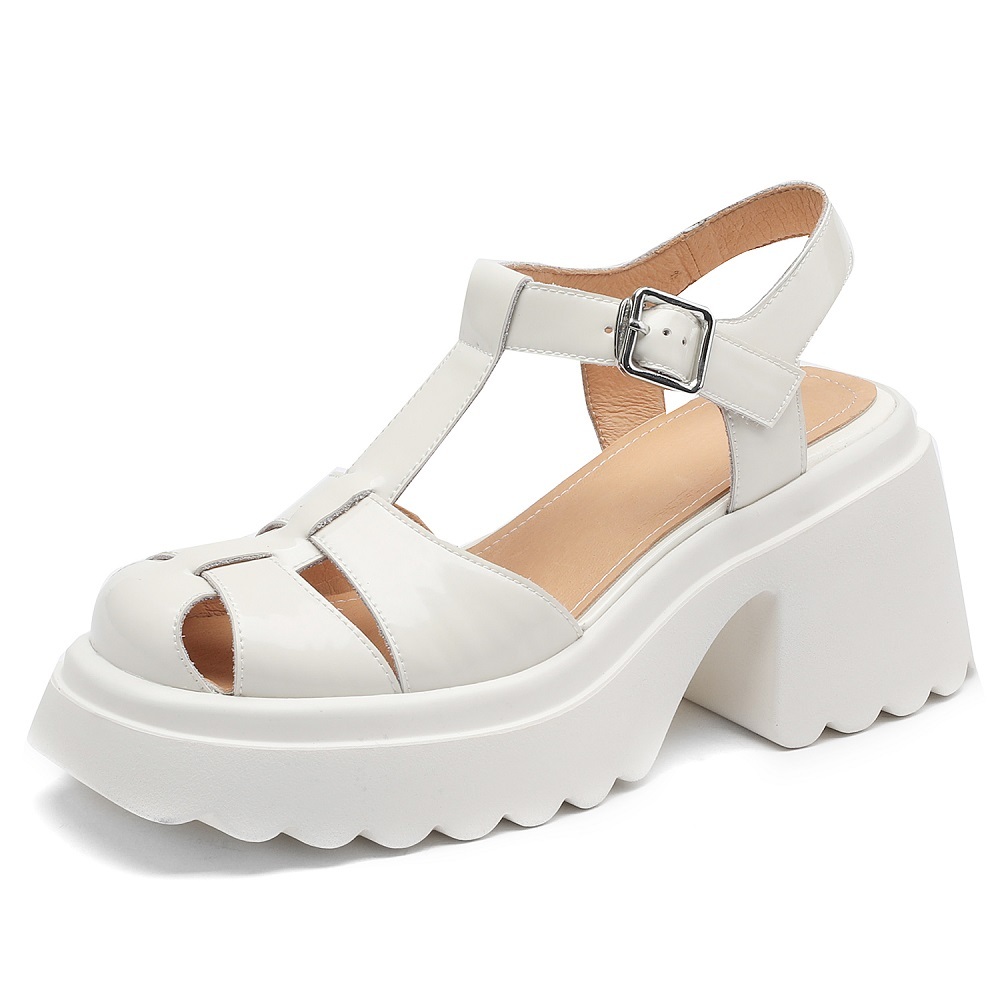 Women's Summer Genuine Leather Woven Versatile Cut Out 8 CM Block Heel Platform Gladiator Retro Closed Toe T-Strap Casual Sandals 60401