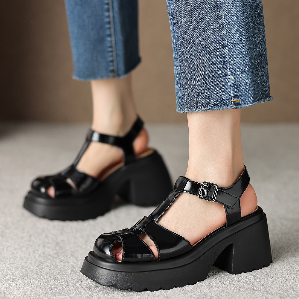 Women's Summer Genuine Leather Woven Versatile Cut Out 8 CM Block Heel Platform Gladiator Retro Closed Toe T-Strap Casual Sandals 60401