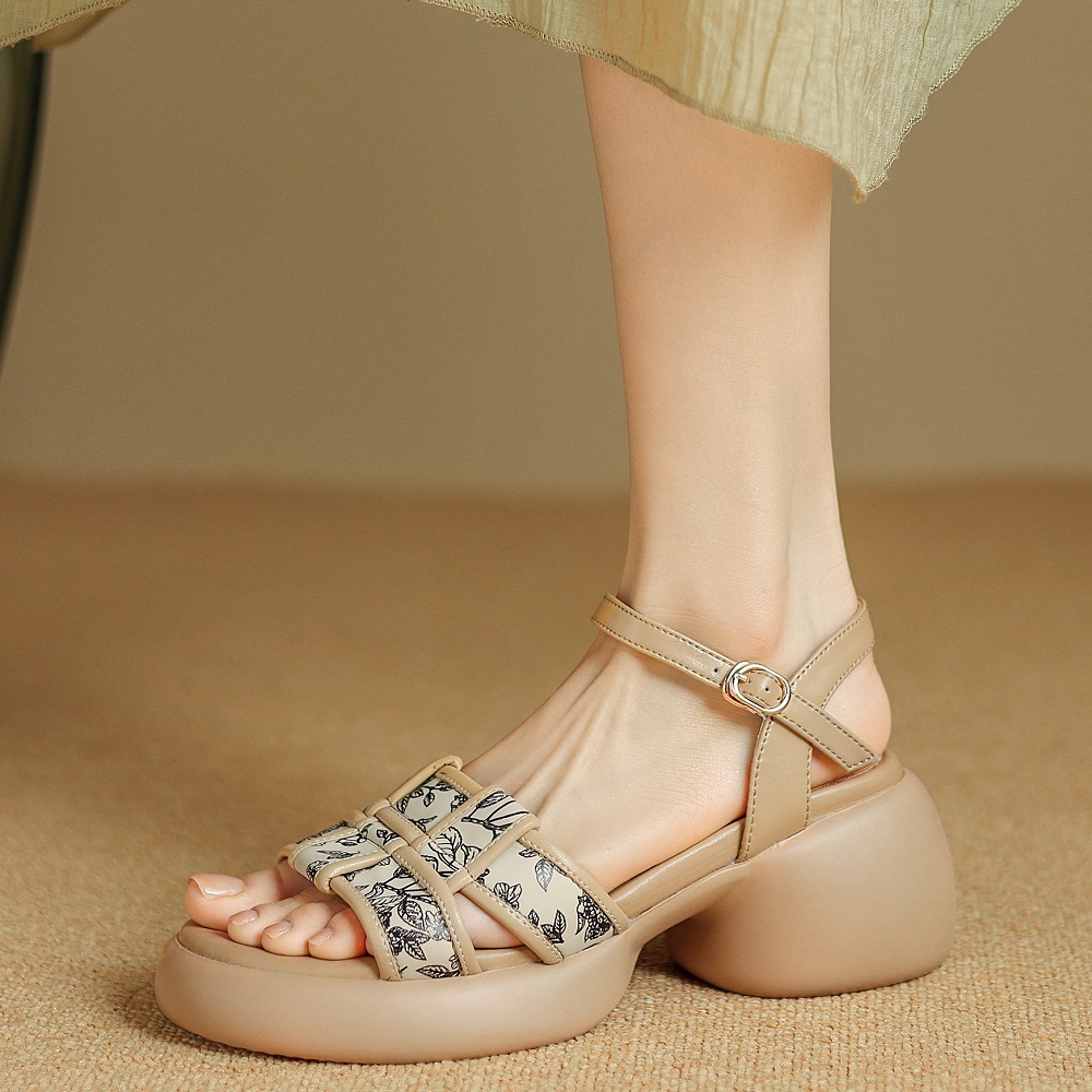 Women's Summer Open-Toe Chinese Style Sandals Leaf Print Woven 6.5 CM Thick Block Heel Buckle Comfortable Platform Shoes 60401