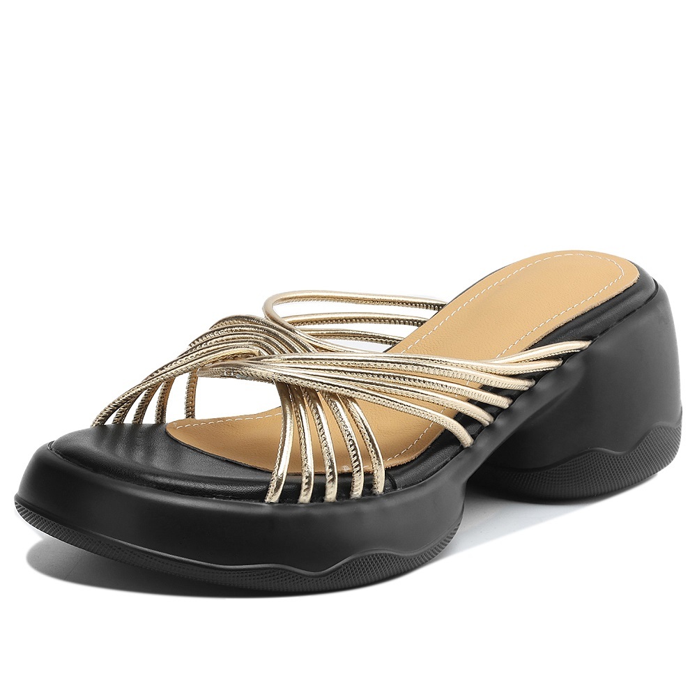 Women's Summer Genuine Leather Thin Strap Woven Cross Fashion Beach Slippers 6.5 CM Thick Sole Round Toe Versatile Gladiator Sandals 60401