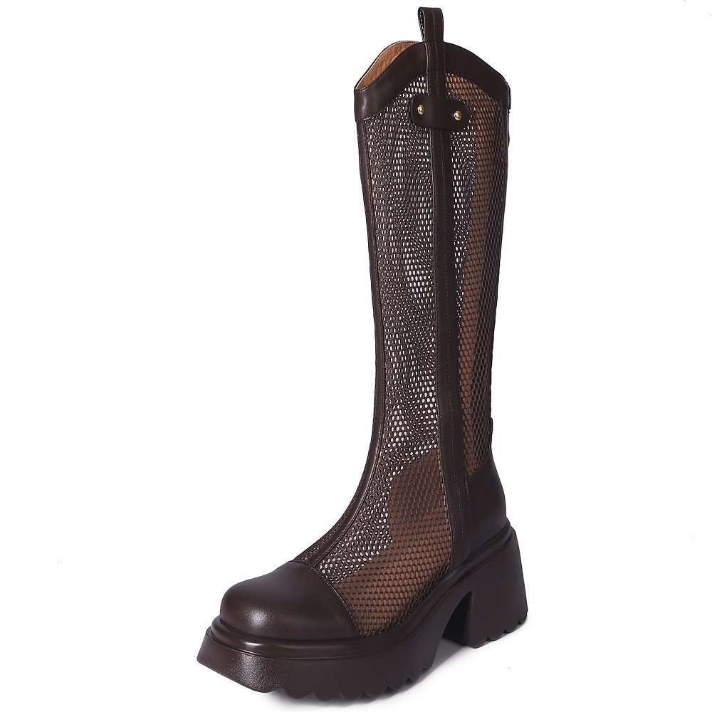 Women's Spring Summer Mesh Hollow Out Genuine Leather Knight Boots 8 CM Block Heel Platform Slim Fit V-Cut Zipper Fashion Knee-High Long Boots 60401