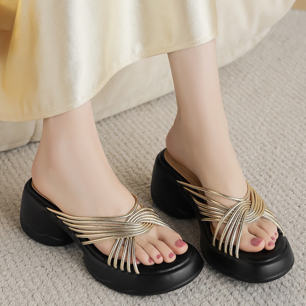 Women's Summer Genuine Leather Thin Strap Woven Cross Fashion Beach Slippers 6.5 CM Thick Sole Round Toe Versatile Gladiator Sandals 60401