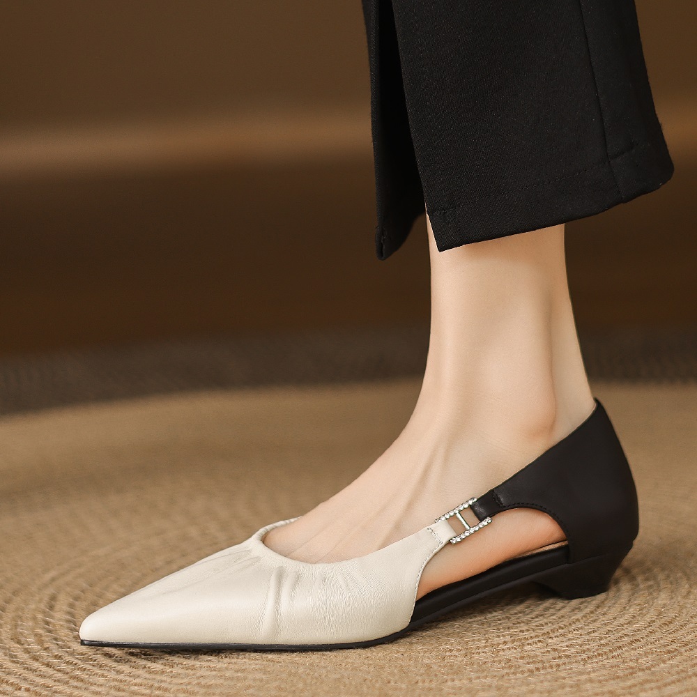 French Elegant Pointed Toe Sheepskin Shallow Mouth Cut-Out Color-Block Ruched Slip On Metal Buckle Versatile Spring Summer Shoes  60402
