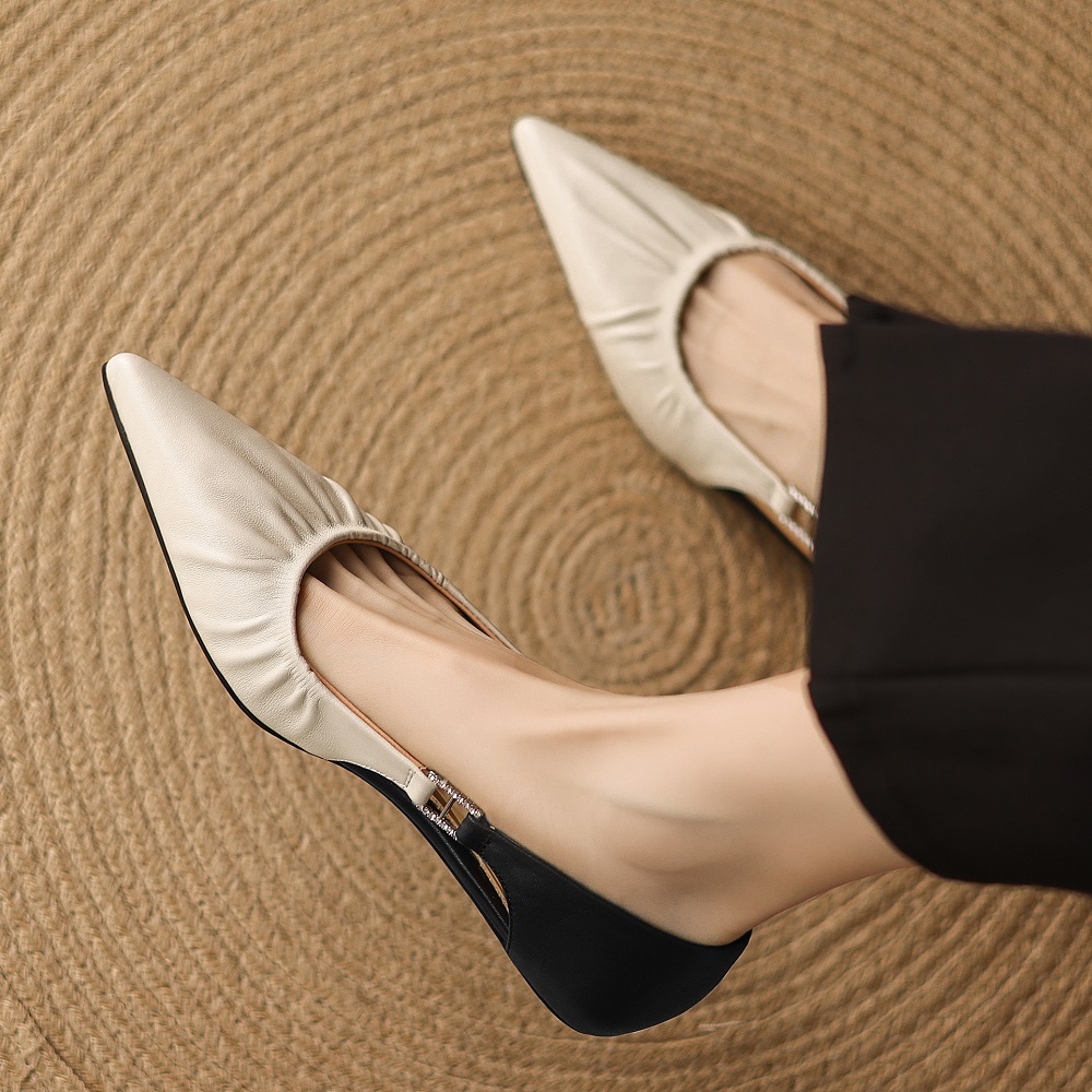 French Elegant Pointed Toe Sheepskin Shallow Mouth Cut-Out Color-Block Ruched Slip On Metal Buckle Versatile Spring Summer Shoes  60402