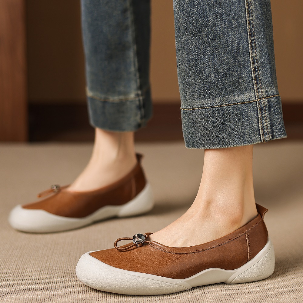 Retro Shallow Mouth Women's Shoes Spring Summer Slip-On Lace Elastic Buckle Genuine Leather Color Block Soft Sole Comfortable Casual Commuter Loafers 60402