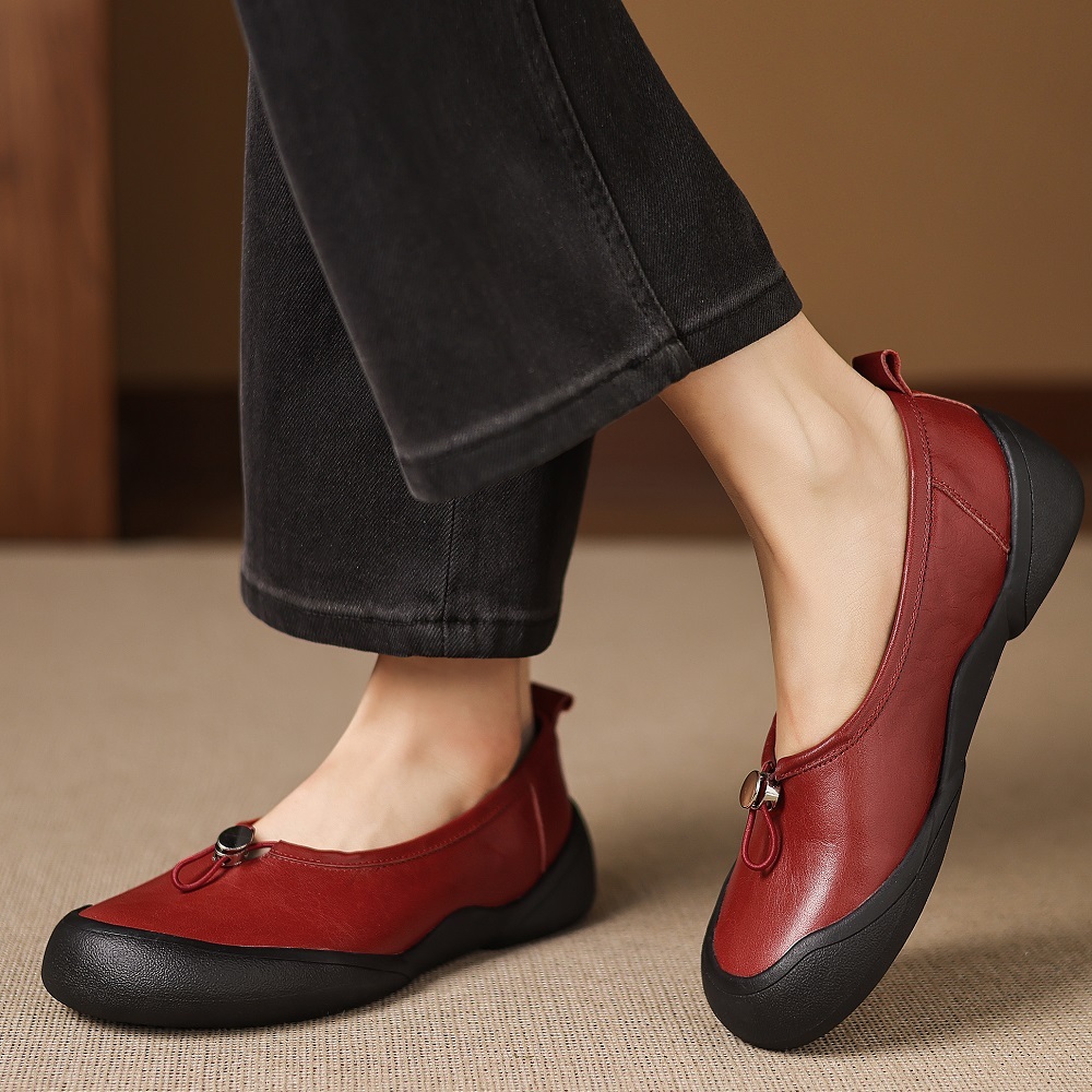 Retro Shallow Mouth Women's Shoes Spring Summer Slip-On Lace Elastic Buckle Genuine Leather Color Block Soft Sole Comfortable Casual Commuter Loafers 60402