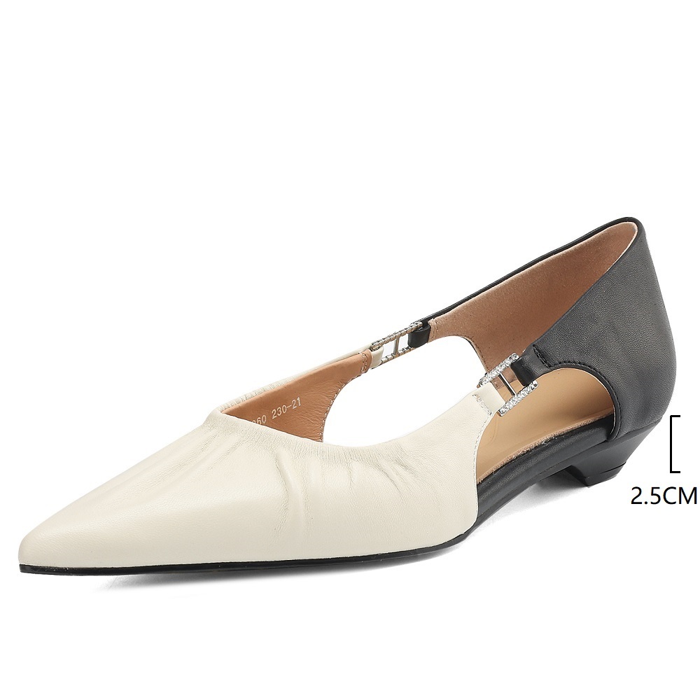 French Elegant Pointed Toe Sheepskin Shallow Mouth Cut-Out Color-Block Ruched Slip On Metal Buckle Versatile Spring Summer Shoes  60402