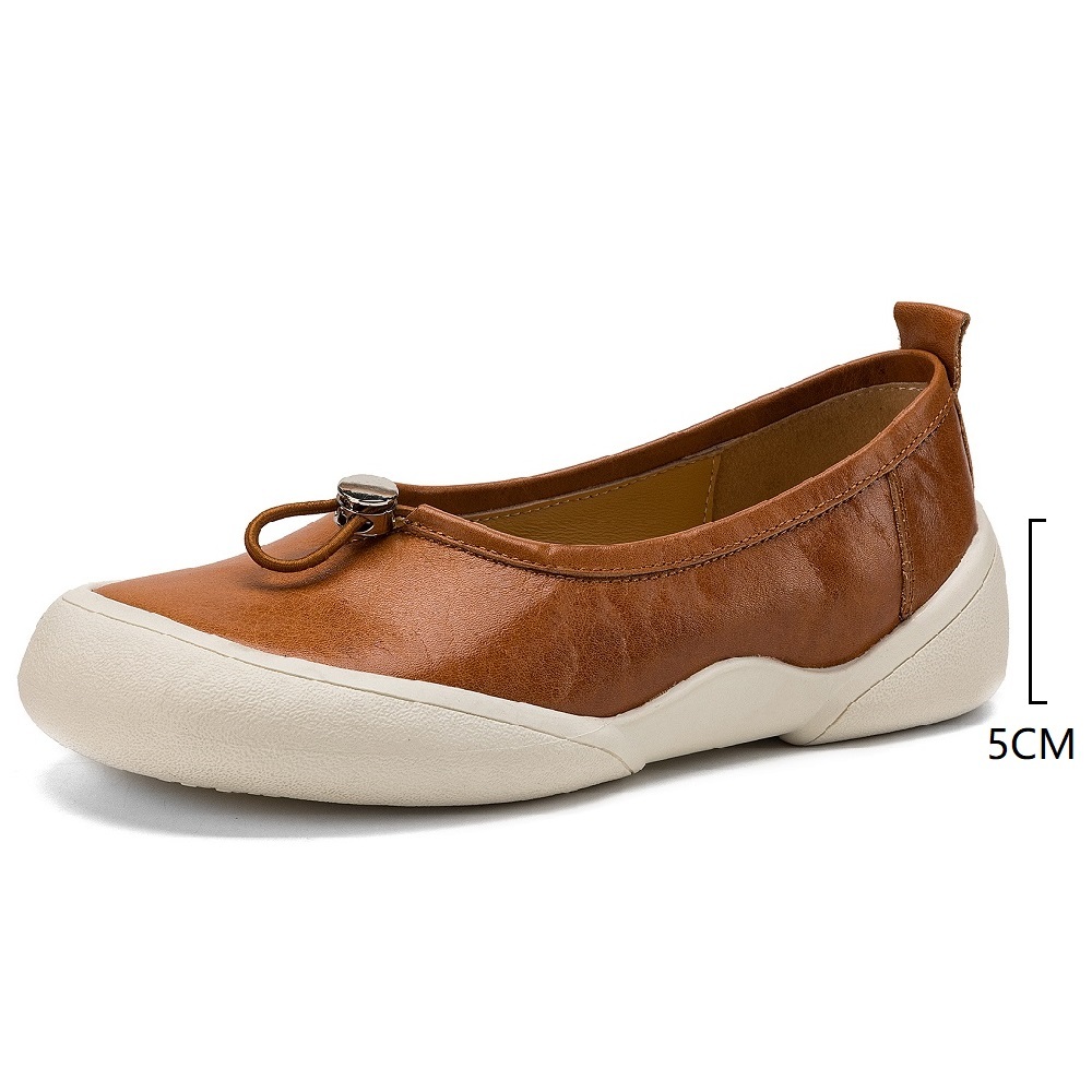 Retro Shallow Mouth Women's Shoes Spring Summer Slip-On Lace Elastic Buckle Genuine Leather Color Block Soft Sole Comfortable Casual Commuter Loafers 60402