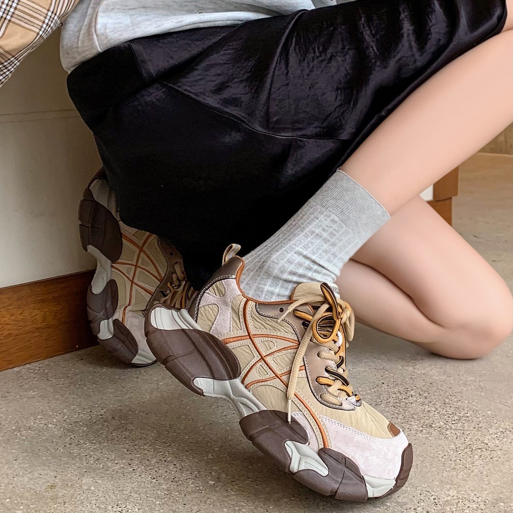 Genuine Leather Women Patchwork Dual-Color Shoelaces 5 CM Thick Sole Lightweight Spring Non-Slip Versatile Chunky Dad Sneakers 60402