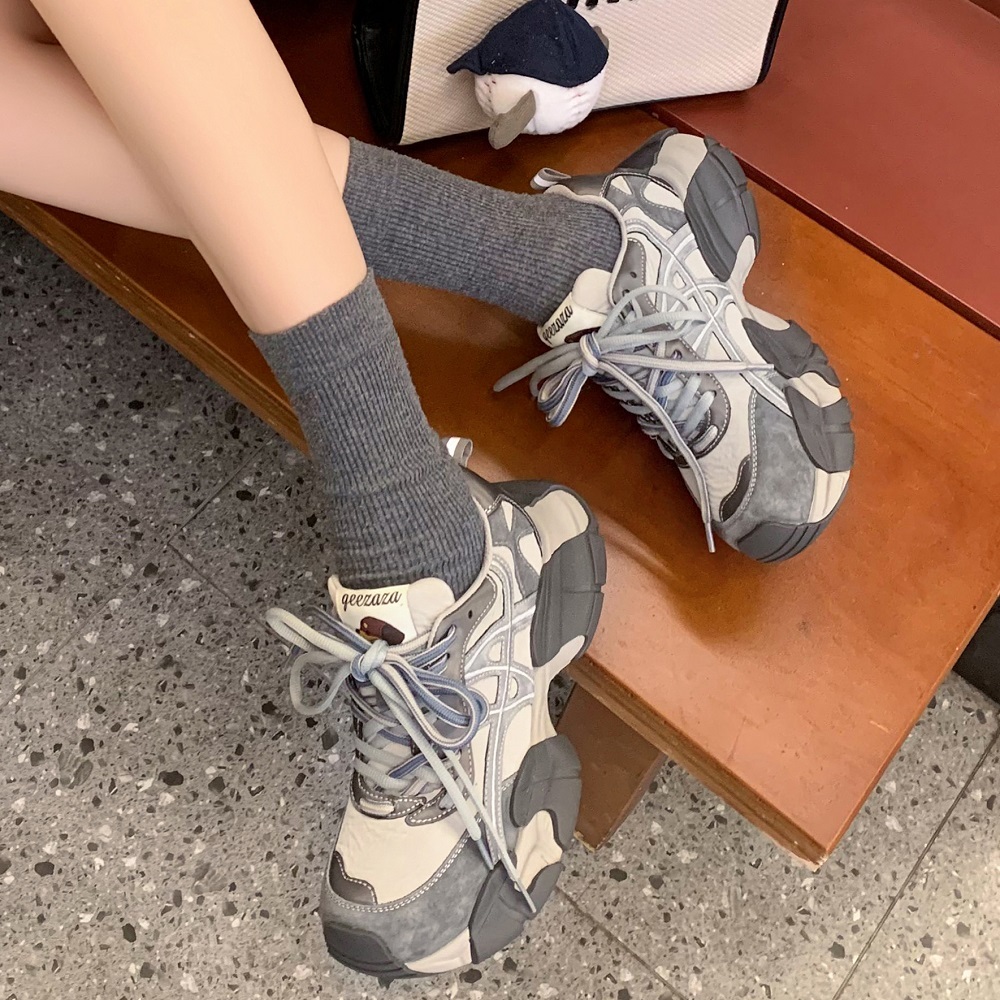 Genuine Leather Women Patchwork Dual-Color Shoelaces 5 CM Thick Sole Lightweight Spring Non-Slip Versatile Chunky Dad Sneakers 60402