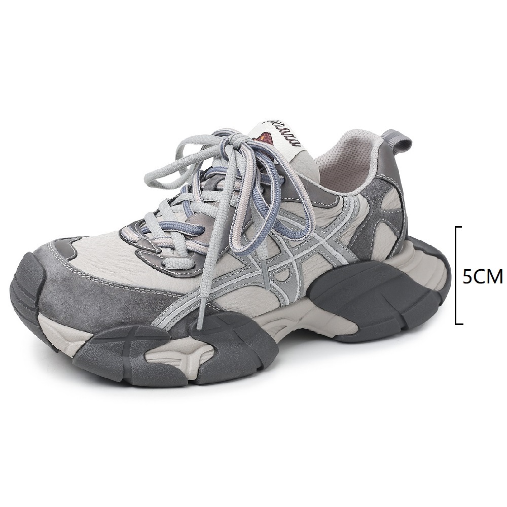 Genuine Leather Women Patchwork Dual-Color Shoelaces 5 CM Thick Sole Lightweight Spring Non-Slip Versatile Chunky Dad Sneakers 60402
