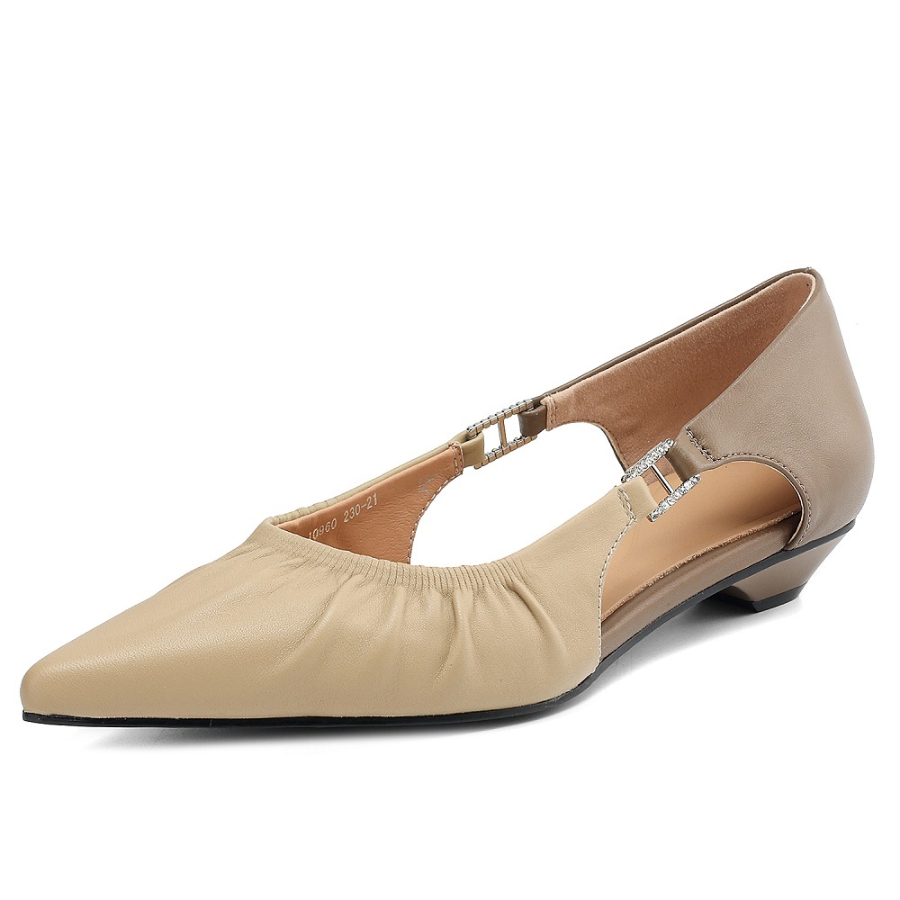 French Elegant Pointed Toe Sheepskin Shallow Mouth Cut-Out Color-Block Ruched Slip On Metal Buckle Versatile Spring Summer Shoes  60402