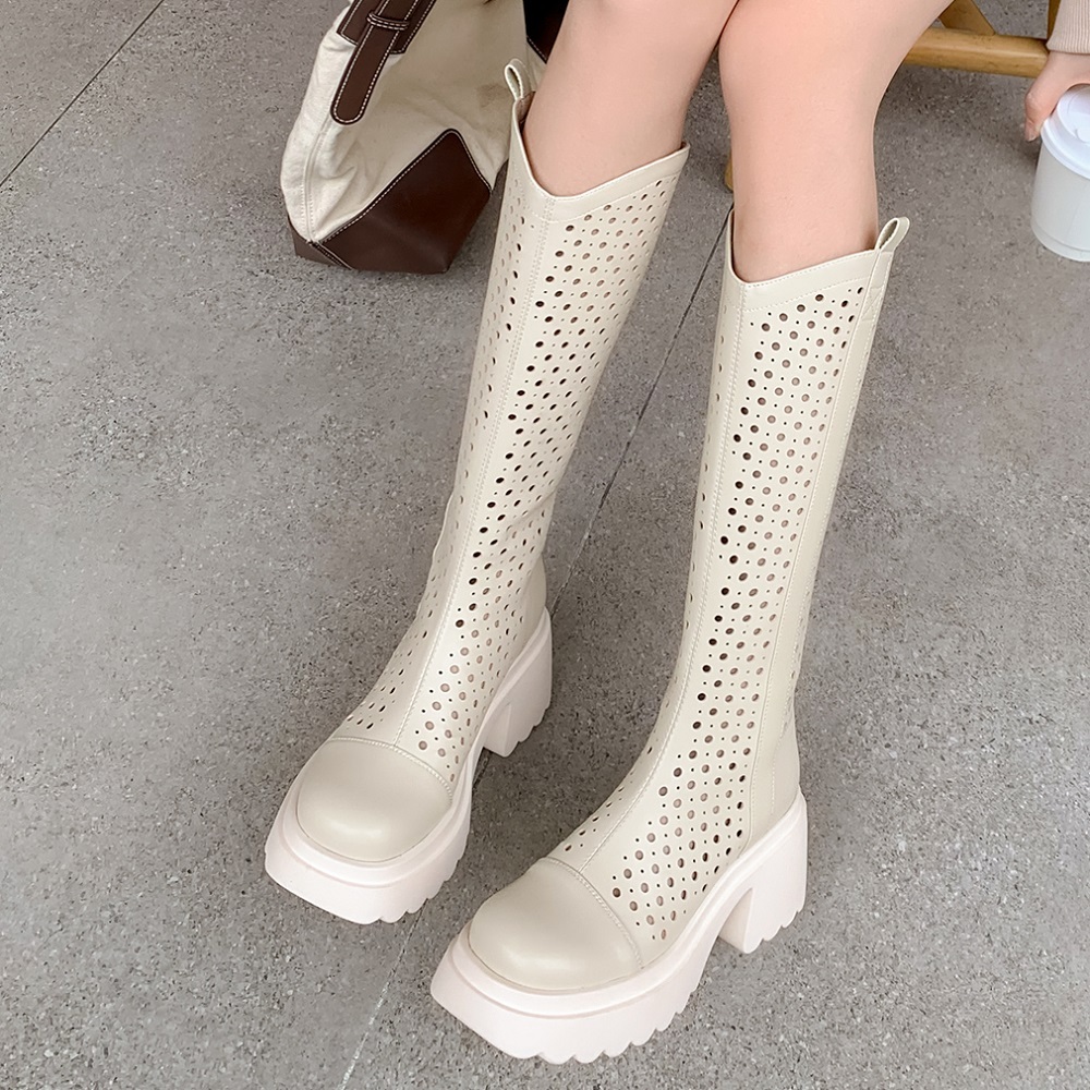 Women's Spring Summer Genuine Leather Perforated Knee High Boots 8 CM Block Heel Slim Fit Boots Breathable Versatile Zipper Retro Knight Boots 60402