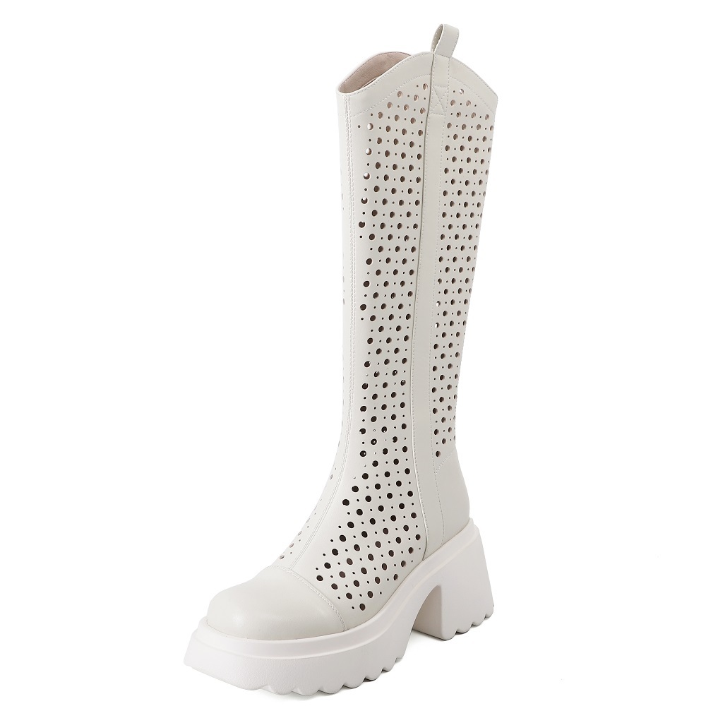 Women's Spring Summer Genuine Leather Perforated Knee High Boots 8 CM Block Heel Slim Fit Boots Breathable Versatile Zipper Retro Knight Boots 60402