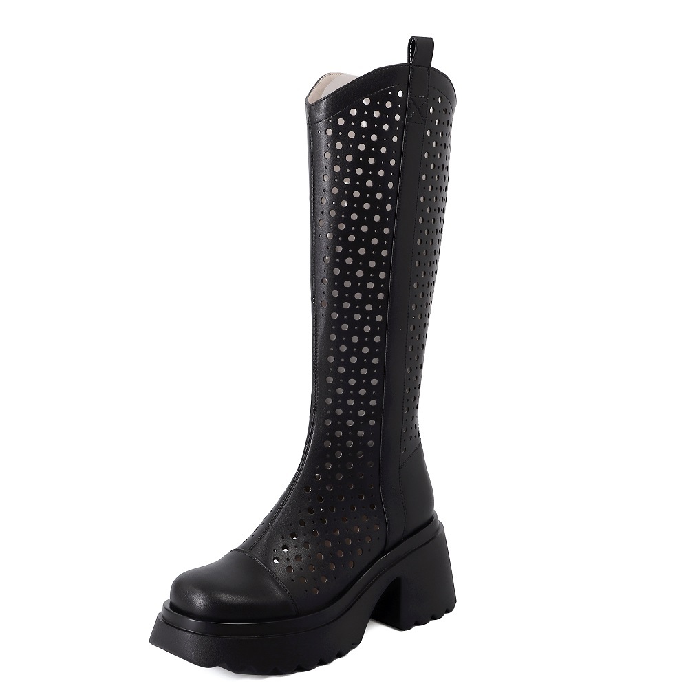 Women's Spring Summer Genuine Leather Perforated Knee High Boots 8 CM Block Heel Slim Fit Boots Breathable Versatile Zipper Retro Knight Boots 60402