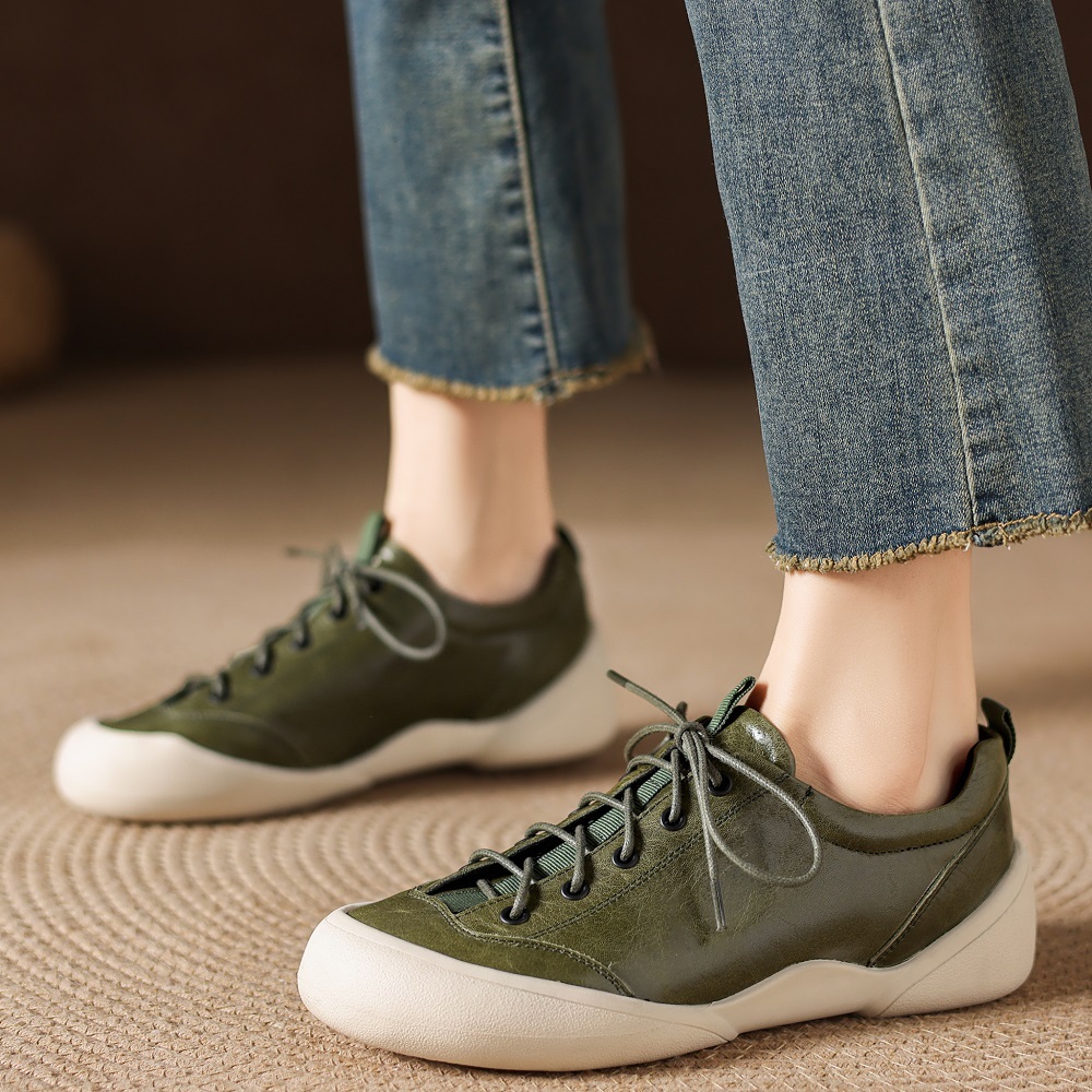 Spring Autumn Genuine Leather 5 CM Platform Color Block Women's Lightweight Toe-Capped Lace-Up Casual Versatile Retro British Style Flat Shoes