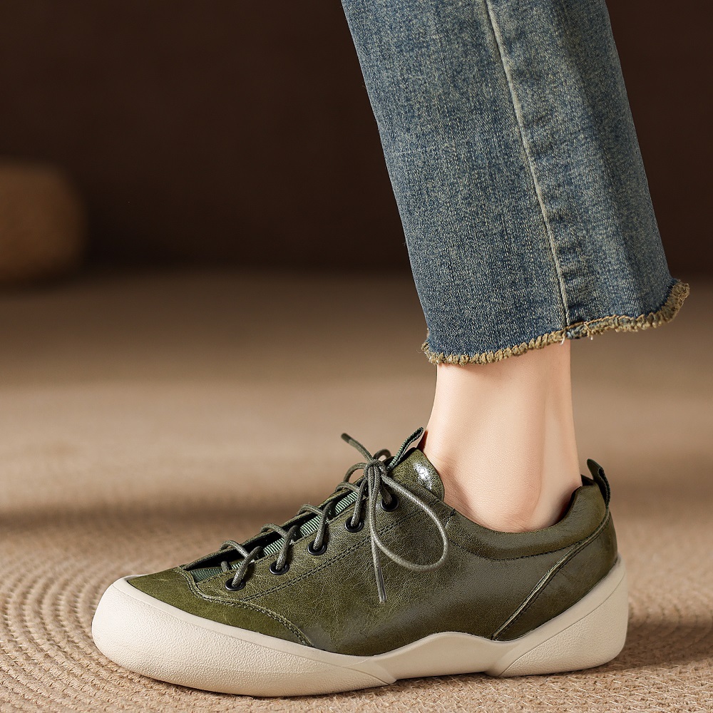 Spring Autumn Genuine Leather 5 CM Platform Color Block Women's Lightweight Toe-Capped Lace-Up Casual Versatile Retro British Style Flat Shoes