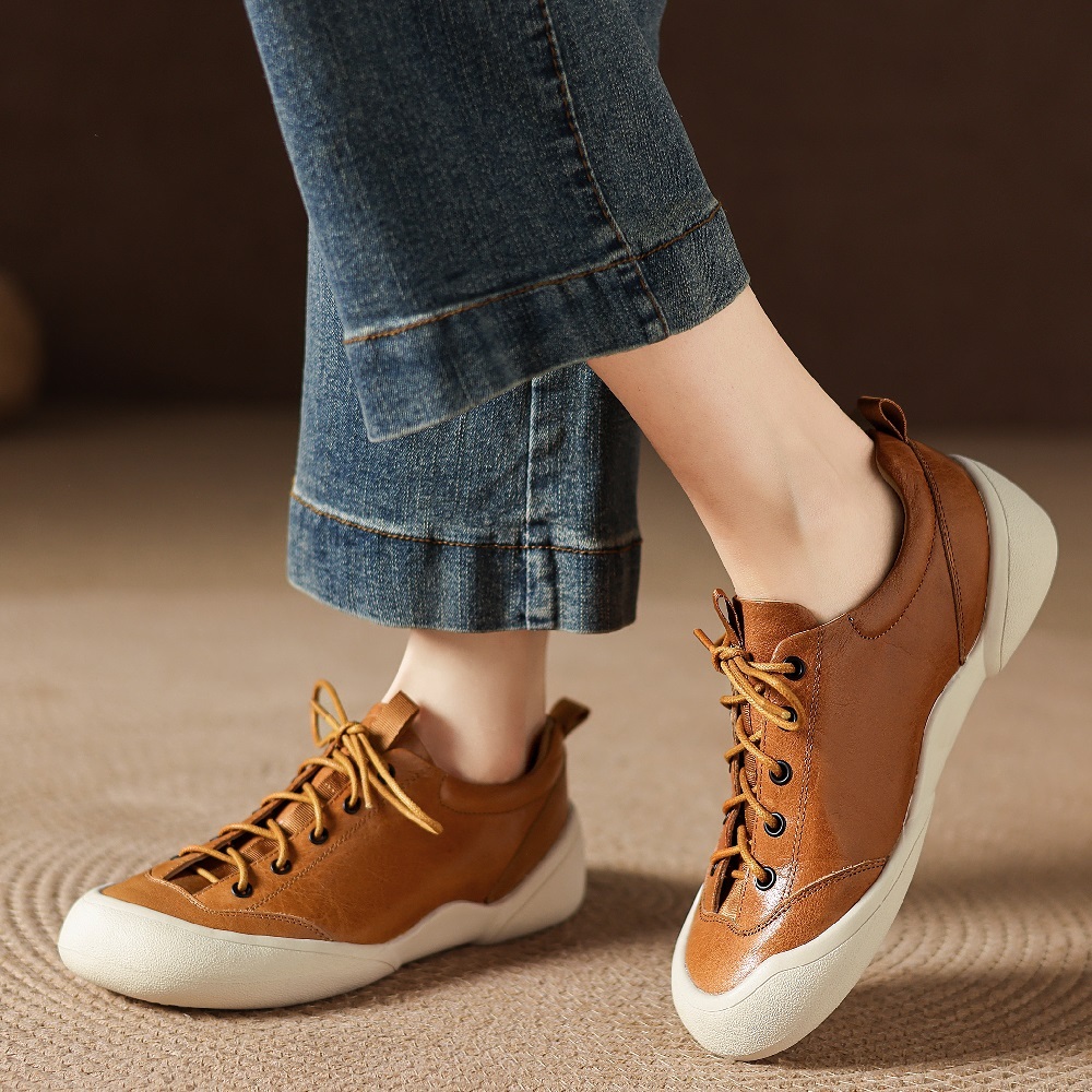 Spring Autumn Genuine Leather 5 CM Platform Color Block Women's Lightweight Toe-Capped Lace-Up Casual Versatile Retro British Style Flat Shoes