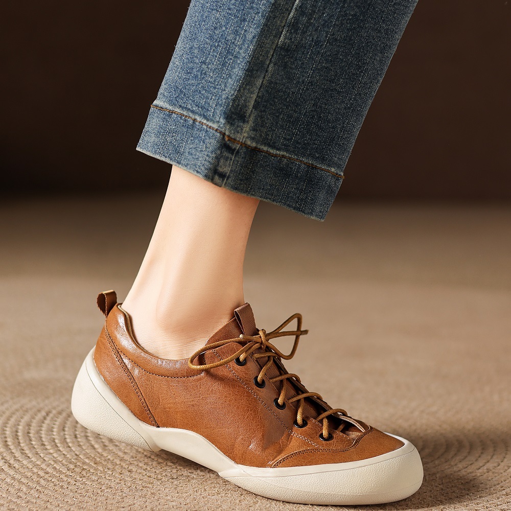 Spring Autumn Genuine Leather 5 CM Platform Color Block Women's Lightweight Toe-Capped Lace-Up Casual Versatile Retro British Style Flat Shoes