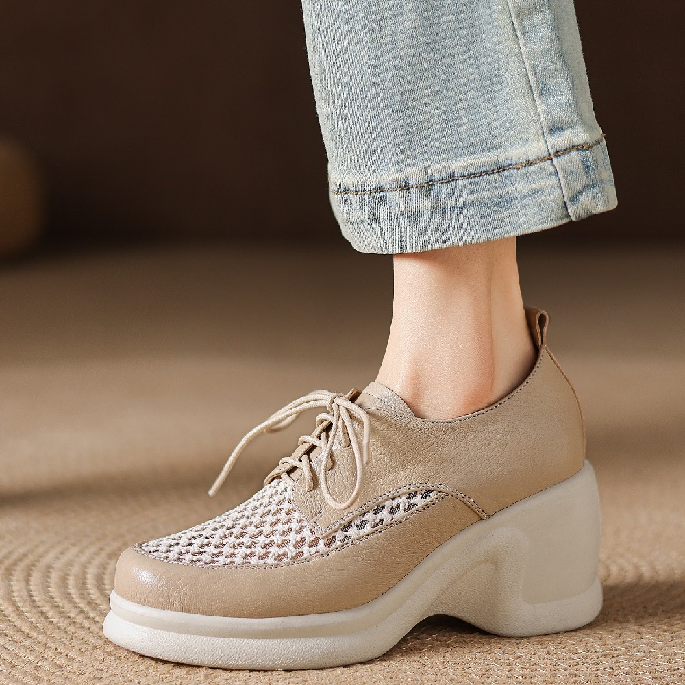 Women's Spring Summer Genuine Leather Mesh Hollow Breathable 8 CM Wedge Platform Lace-up Casual Comfort Lightweight Versatile Shoes 60403