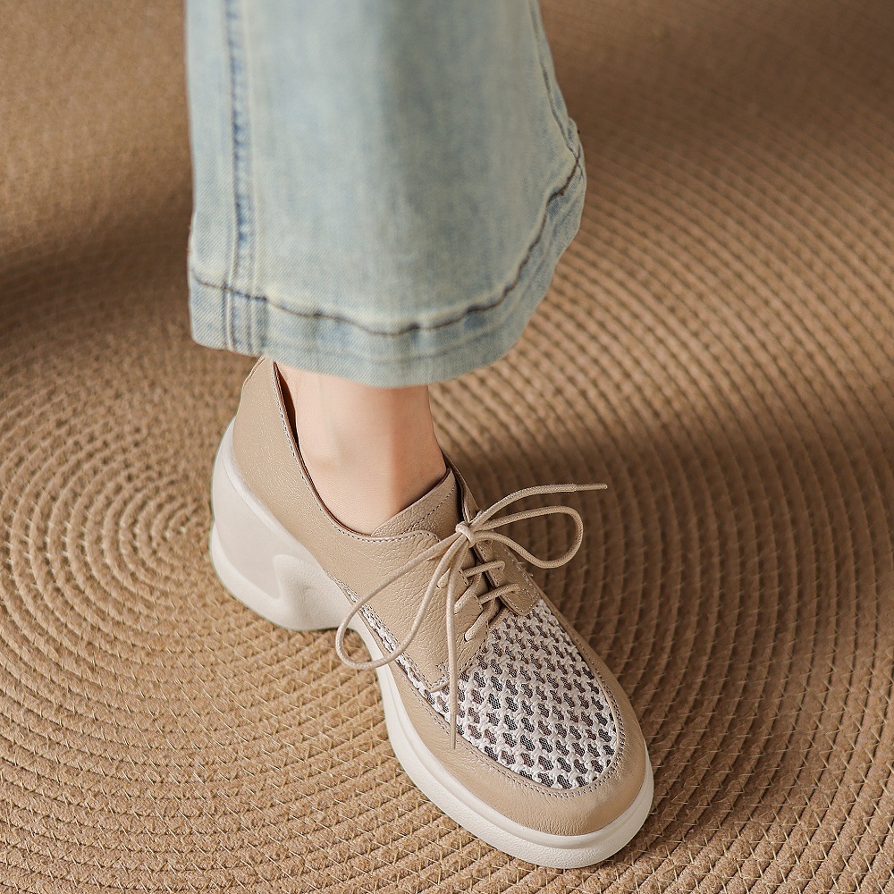 Women's Spring Summer Genuine Leather Mesh Hollow Breathable 8 CM Wedge Platform Lace-up Casual Comfort Lightweight Versatile Shoes 60403