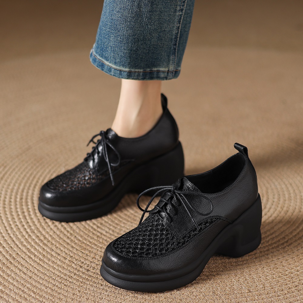 Women's Spring Summer Genuine Leather Mesh Hollow Breathable 8 CM Wedge Platform Lace-up Casual Comfort Lightweight Versatile Shoes 60403