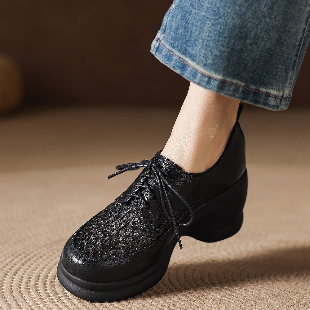 Women's Spring Summer Genuine Leather Mesh Hollow Breathable 8 CM Wedge Platform Lace-up Casual Comfort Lightweight Versatile Shoes 60403