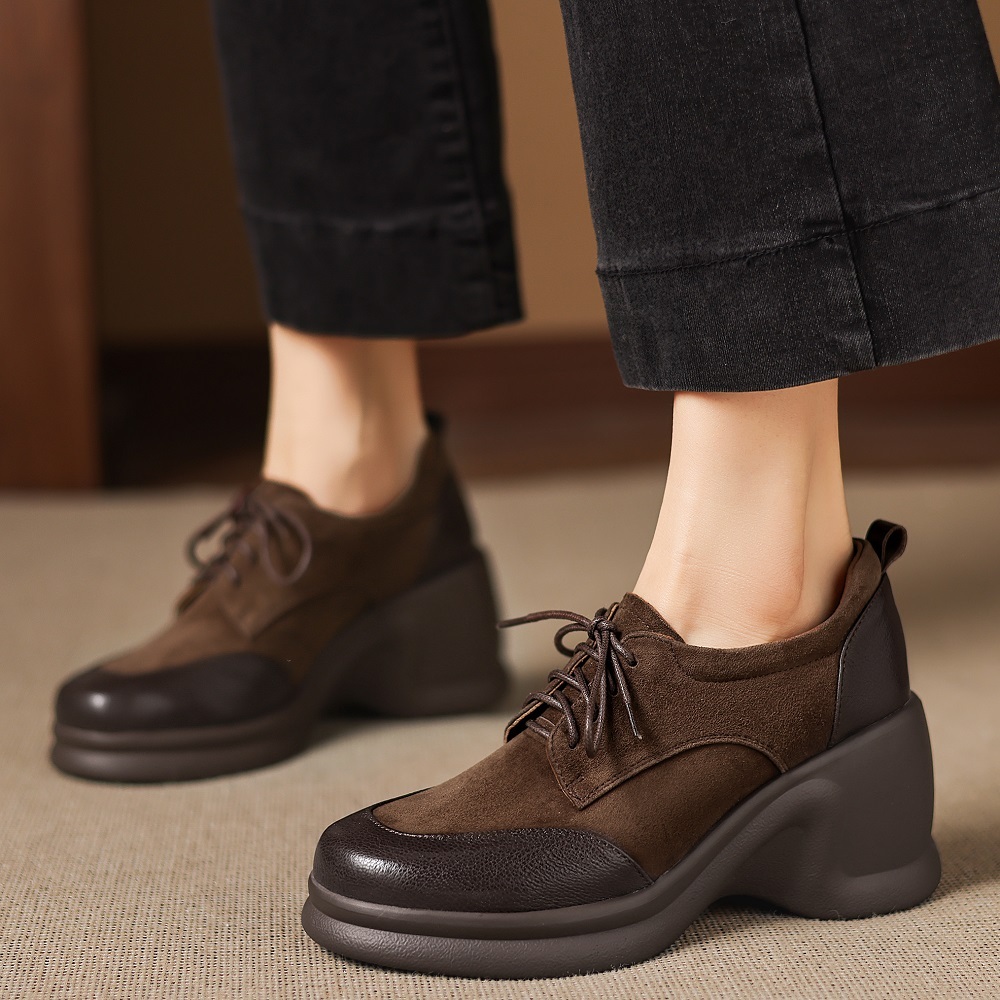 Women's Spring Autumn Genuine Leather Cross Tied 8 CM Platform Wedge Suede Sheepskin Retro British Style Comfortable Casual Shoes 60403