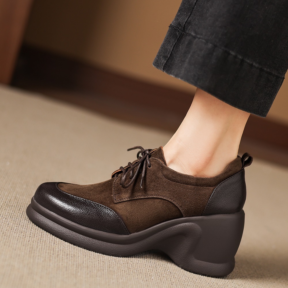 Women's Spring Autumn Genuine Leather Cross Tied 8 CM Platform Wedge Suede Sheepskin Retro British Style Comfortable Casual Shoes 60403