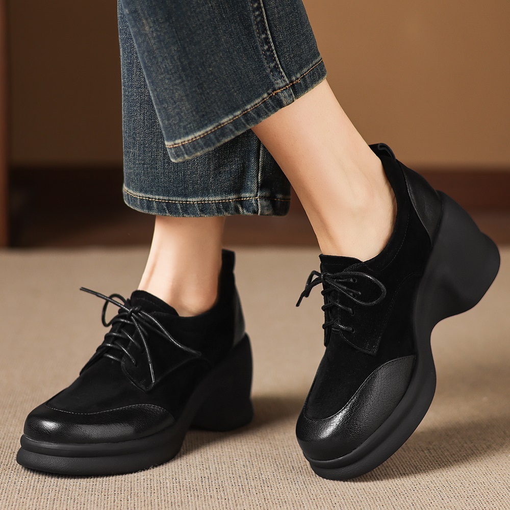 Women's Spring Autumn Genuine Leather Cross Tied 8 CM Platform Wedge Suede Sheepskin Retro British Style Comfortable Casual Shoes 60403