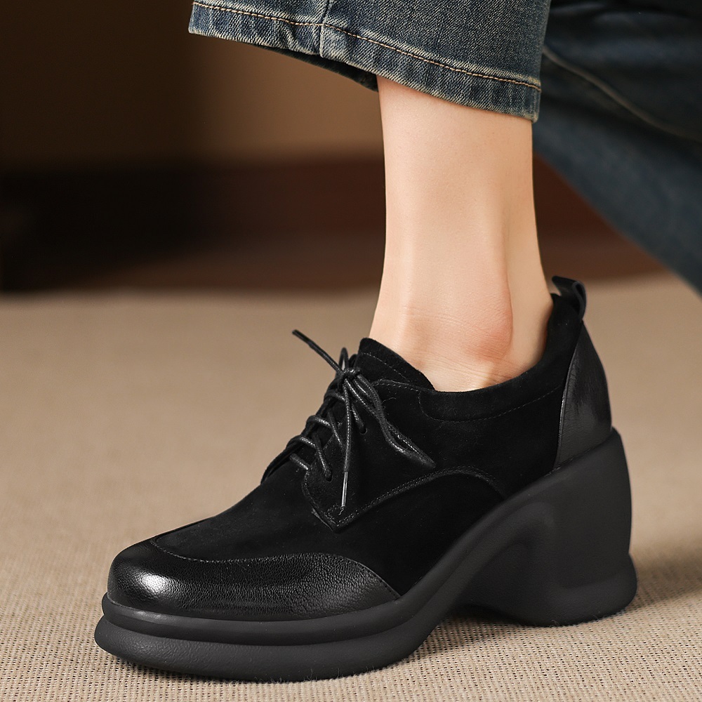 Women's Spring Autumn Genuine Leather Cross Tied 8 CM Platform Wedge Suede Sheepskin Retro British Style Comfortable Casual Shoes 60403
