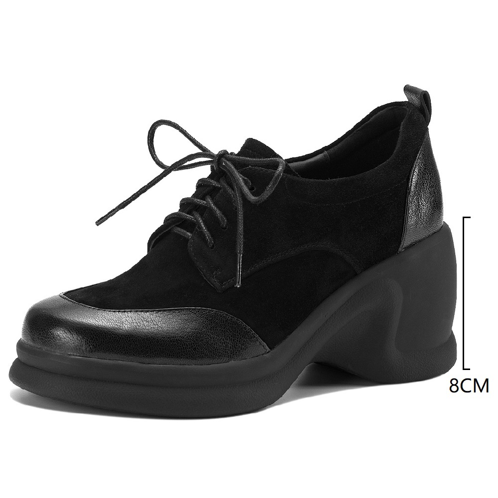 Women's Spring Autumn Genuine Leather Cross Tied 8 CM Platform Wedge Suede Sheepskin Retro British Style Comfortable Casual Shoes 60403