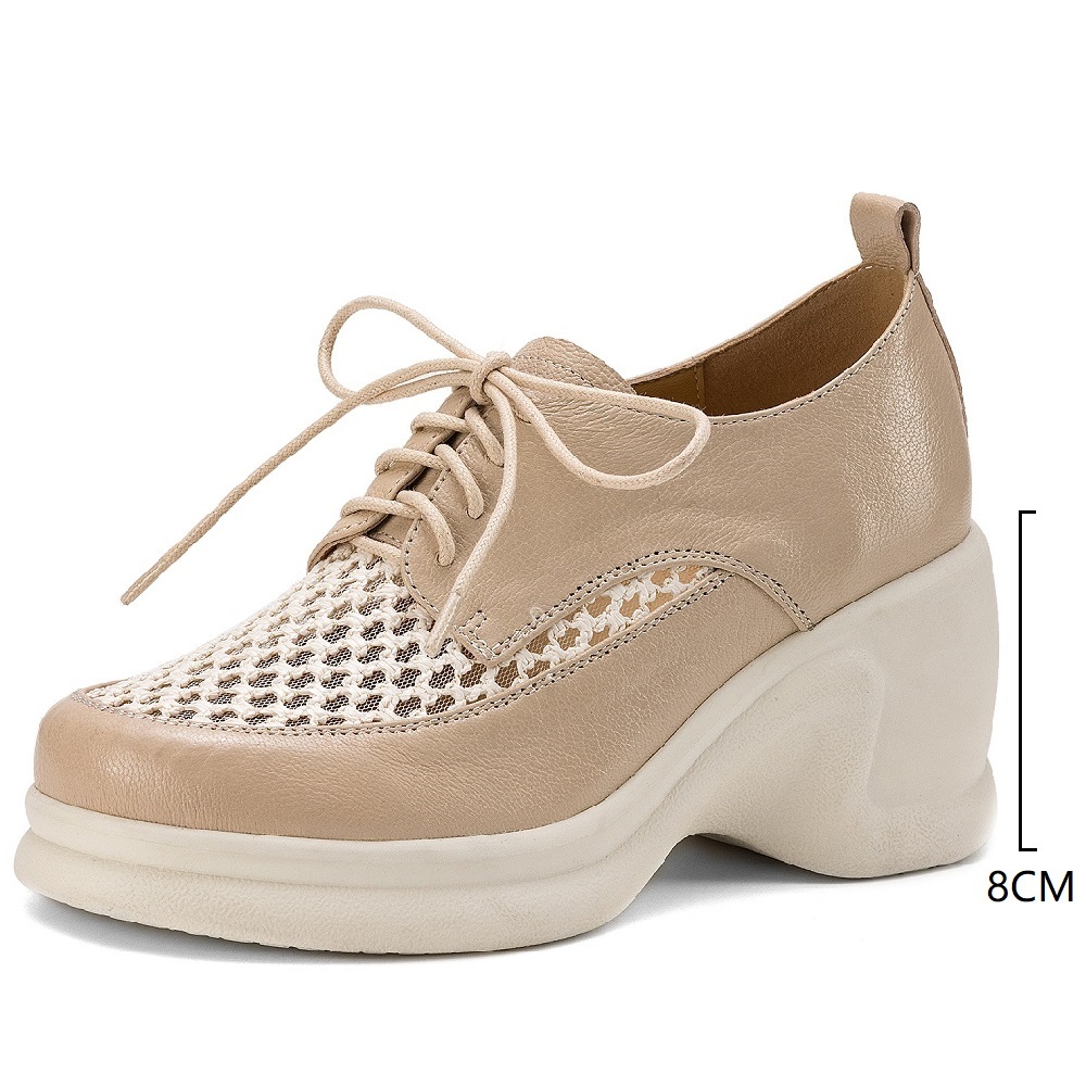 Women's Spring Summer Genuine Leather Mesh Hollow Breathable 8 CM Wedge Platform Lace-up Casual Comfort Lightweight Versatile Shoes 60403