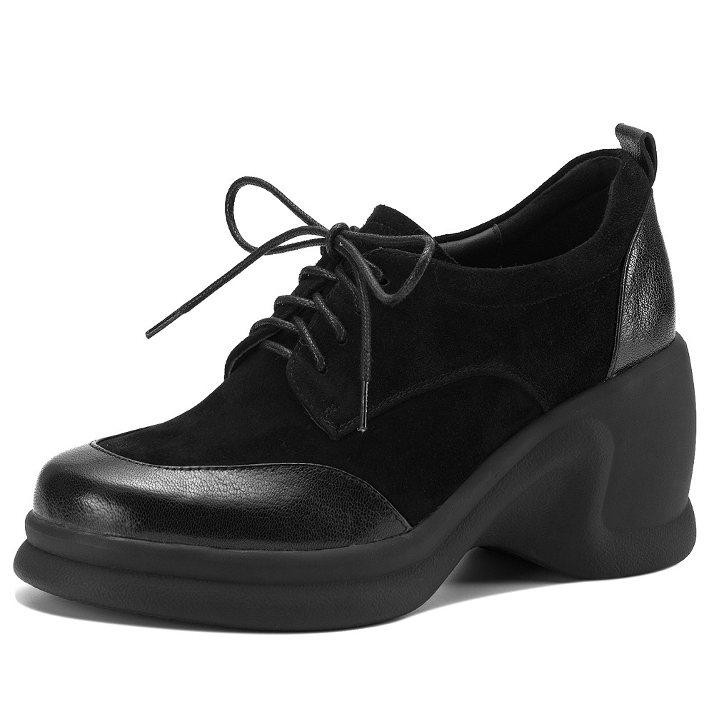 Women's Spring Autumn Genuine Leather Cross Tied 8 CM Platform Wedge Suede Sheepskin Retro British Style Comfortable Casual Shoes 60403