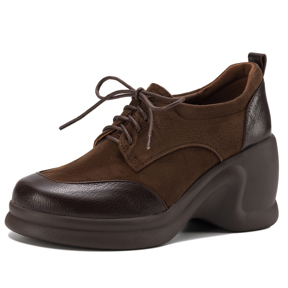 Women's Spring Autumn Genuine Leather Cross Tied 8 CM Platform Wedge Suede Sheepskin Retro British Style Comfortable Casual Shoes 60403