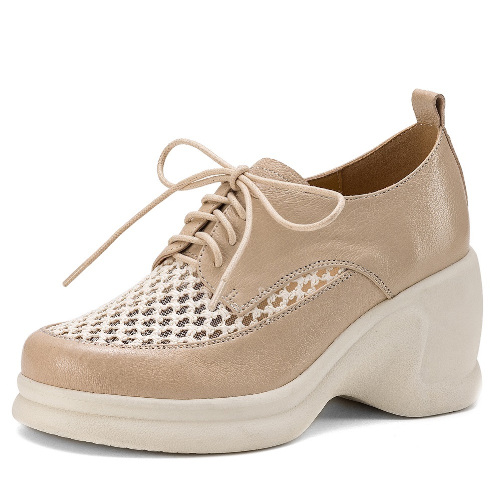 Women's Spring Summer Genuine Leather Mesh Hollow Breathable 8 CM Wedge Platform Lace-up Casual Comfort Lightweight Versatile Shoes 60403