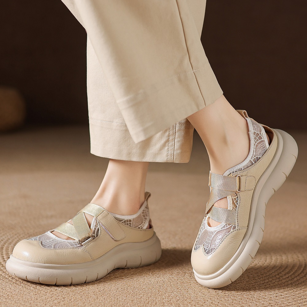 Lace & Genuine Leather Spliced Breathable Hollow-out Elastic Strap Beige Gentle Soft-Sole Comfortable Hook Loop Casual Loafers 60404