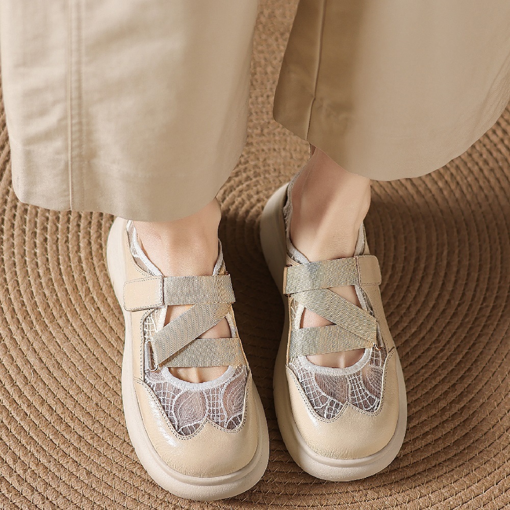 Lace & Genuine Leather Spliced Breathable Hollow-out Elastic Strap Beige Gentle Soft-Sole Comfortable Hook Loop Casual Loafers 60404