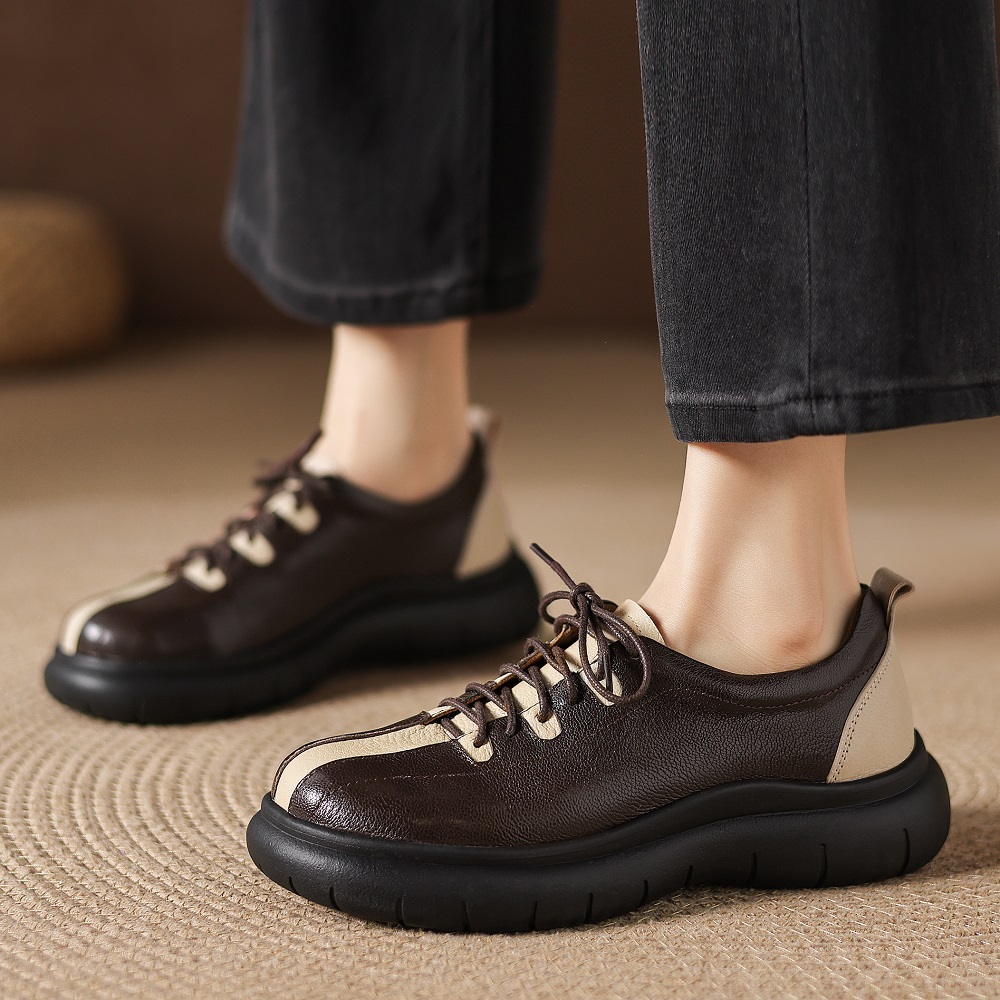 4.5 CM Heel Genuine Leather Color Blocked Platform Lace Up Shoes New Arrival Spring Autumn Retro British Style Versatile Casual Soft Soled Flats 60404