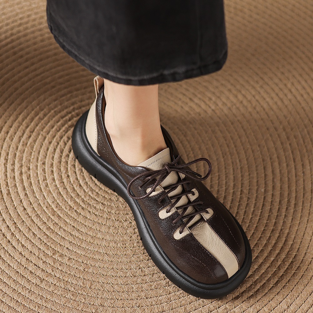 4.5 CM Heel Genuine Leather Color Blocked Platform Lace Up Shoes New Arrival Spring Autumn Retro British Style Versatile Casual Soft Soled Flats 60404