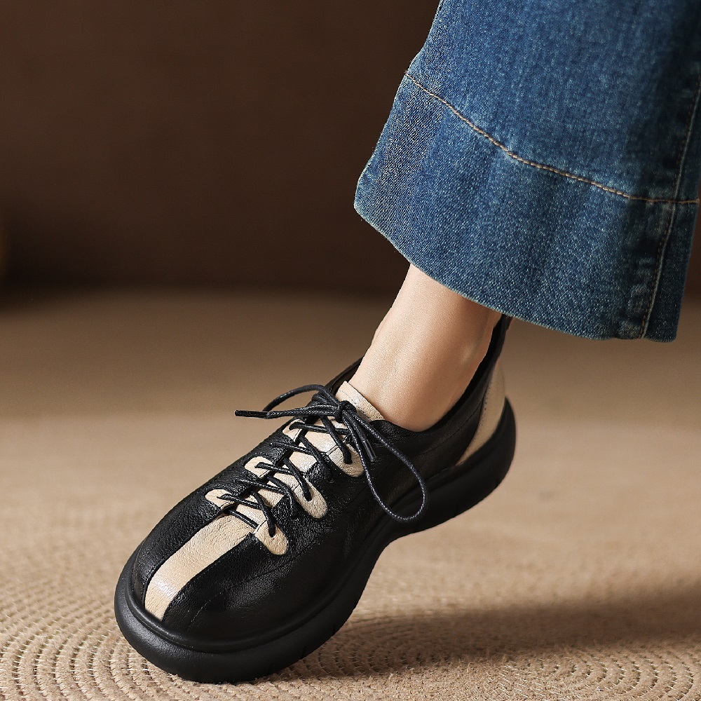4.5 CM Heel Genuine Leather Color Blocked Platform Lace Up Shoes New Arrival Spring Autumn Retro British Style Versatile Casual Soft Soled Flats 60404