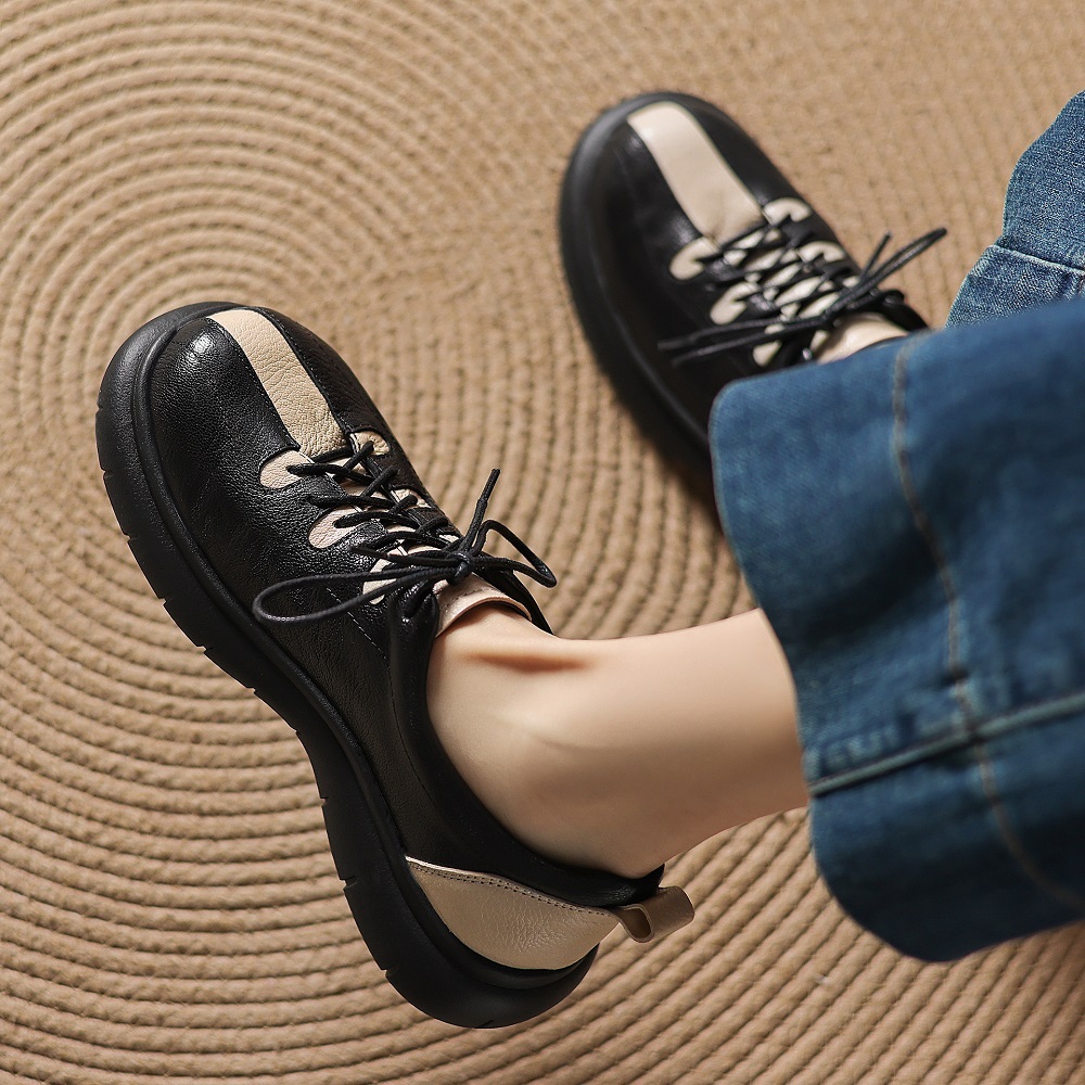 4.5 CM Heel Genuine Leather Color Blocked Platform Lace Up Shoes New Arrival Spring Autumn Retro British Style Versatile Casual Soft Soled Flats 60404