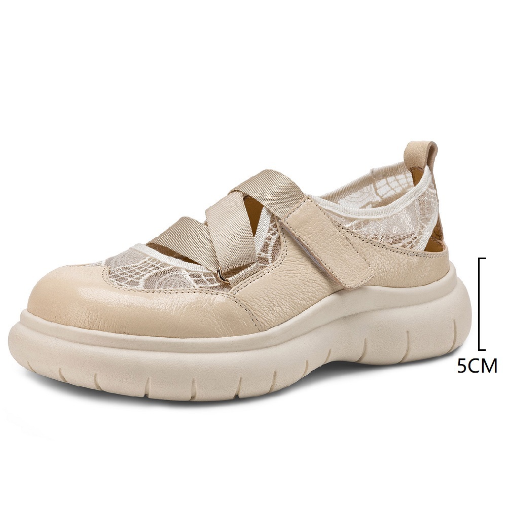 Lace & Genuine Leather Spliced Breathable Hollow-out Elastic Strap Beige Gentle Soft-Sole Comfortable Hook Loop Casual Loafers 60404
