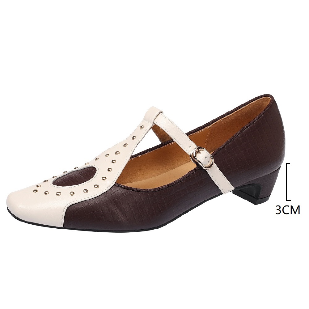 Retro Korean Style Color Blocked Rivets T-Strap Cut Out Square Toe Elegant Genuine Leather 3 CM Block Heel Women's Spring Summer Pumps 60404