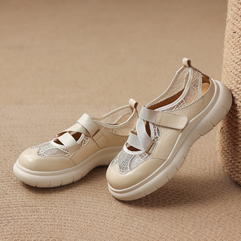 Lace & Genuine Leather Spliced Breathable Hollow-out Elastic Strap Beige Gentle Soft-Sole Comfortable Hook Loop Casual Loafers 60404