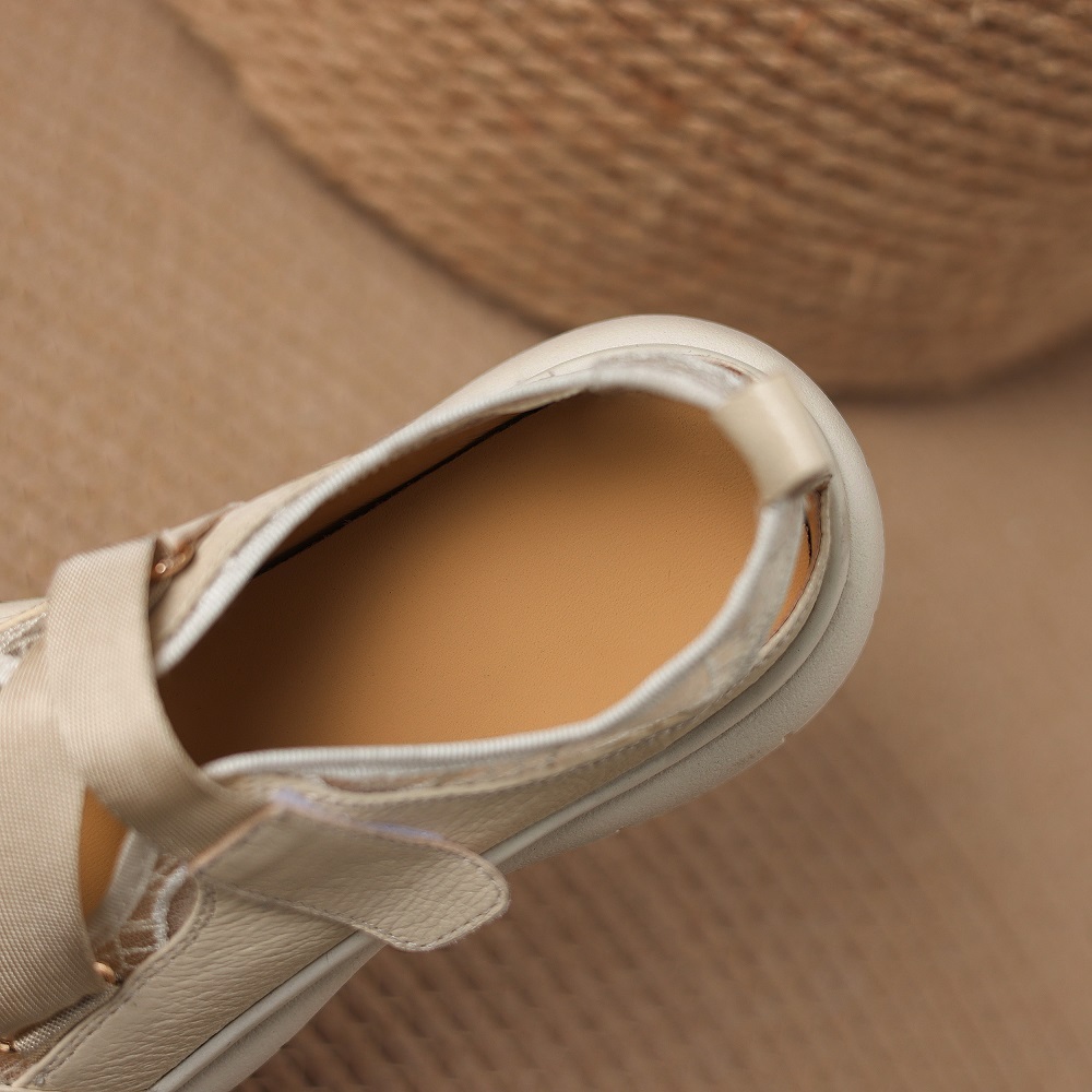 Lace & Genuine Leather Spliced Breathable Hollow-out Elastic Strap Beige Gentle Soft-Sole Comfortable Hook Loop Casual Loafers 60404
