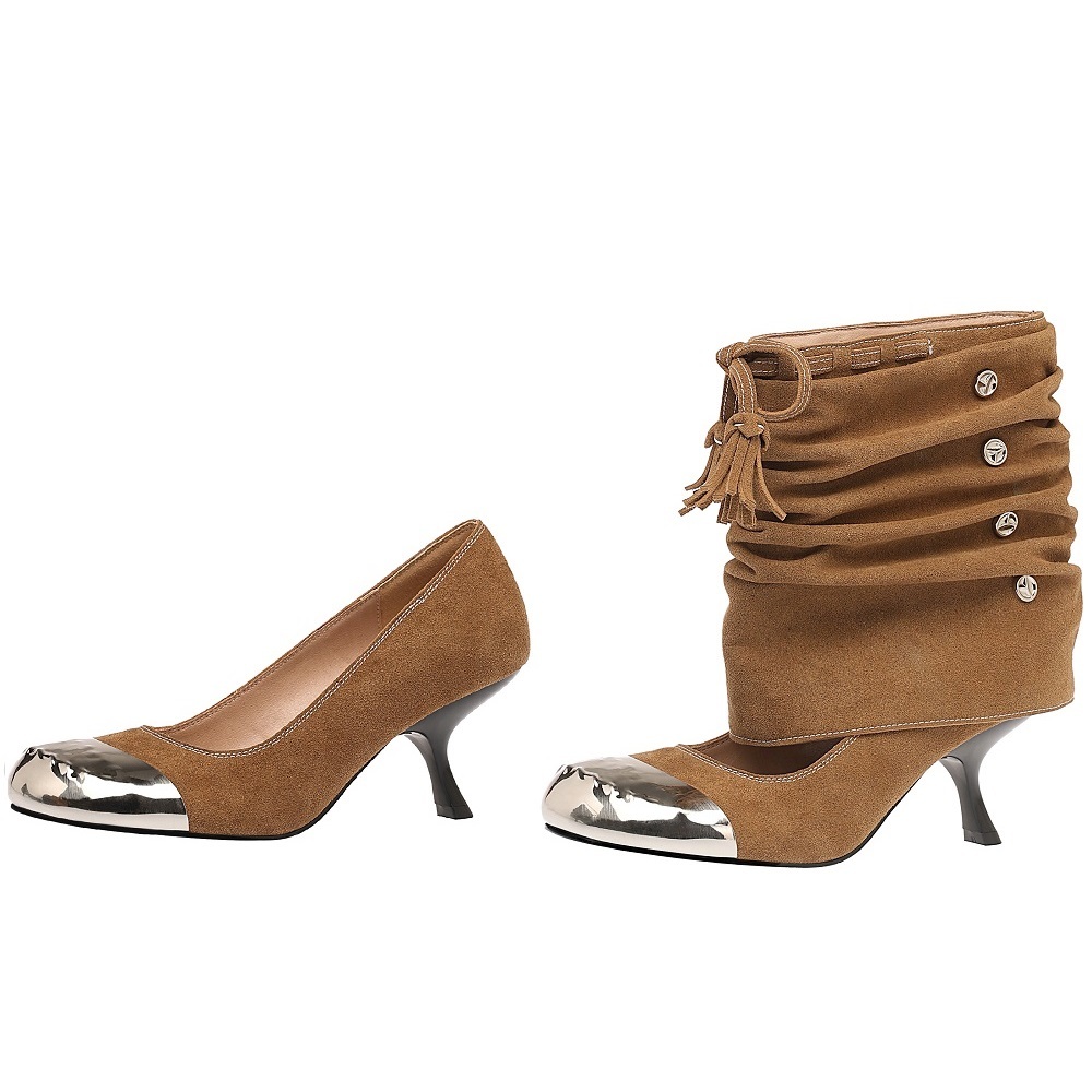 Stylish Ruched Fringe Tie Metal Cap-Toe 2-in-1 Pumps Women Shallow Mouth 6.5 CM Stiletto Heel Rivets Spring Summer Shoes 60404 60404
