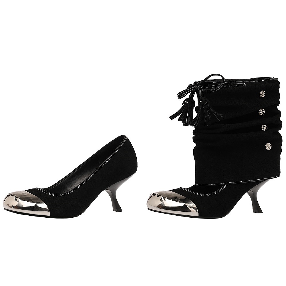 Stylish Ruched Fringe Tie Metal Cap-Toe 2-in-1 Pumps Women Shallow Mouth 6.5 CM Stiletto Heel Rivets Spring Summer Shoes 60404 60404